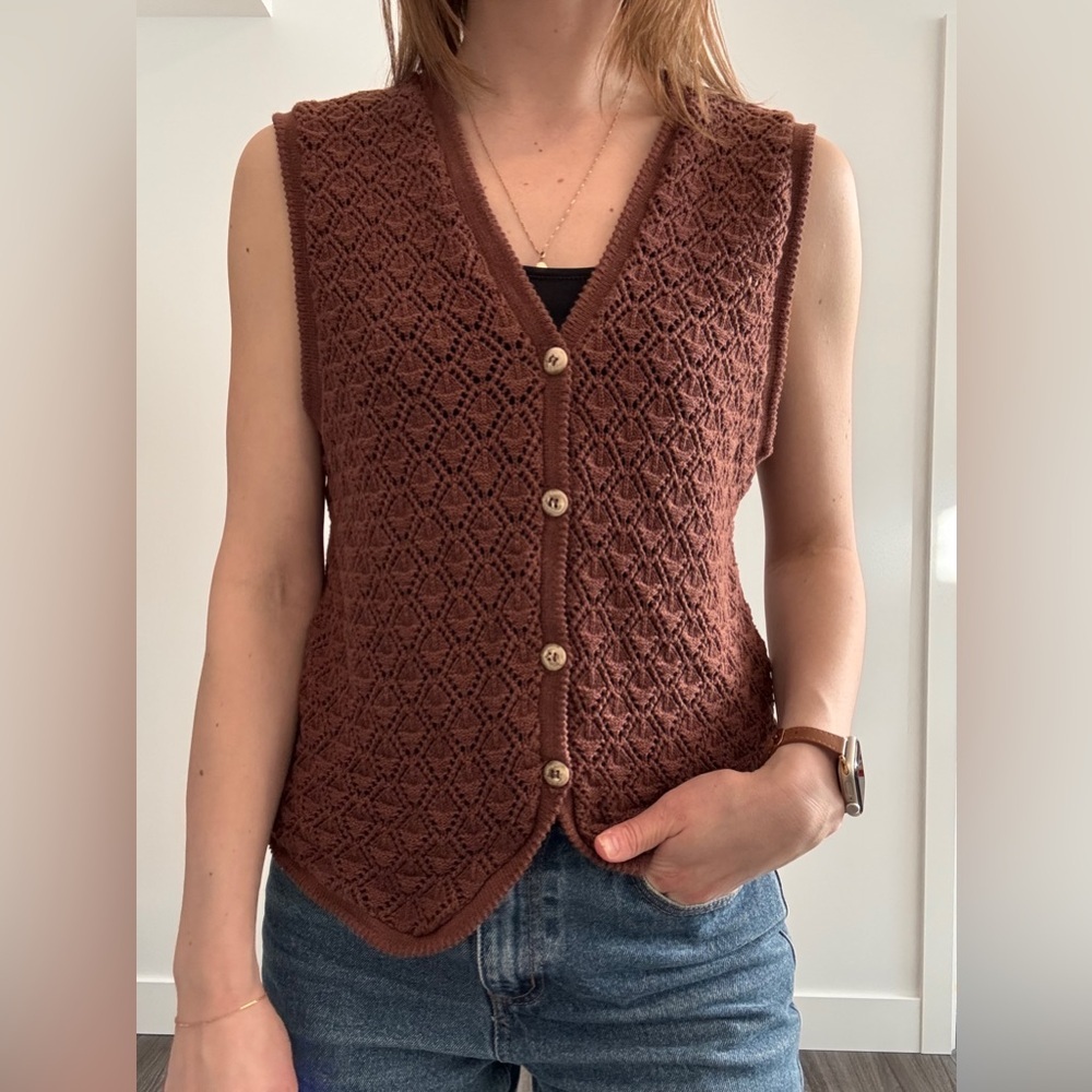 Vintage crochet knit chocolate Brown Button-Up Vest medium